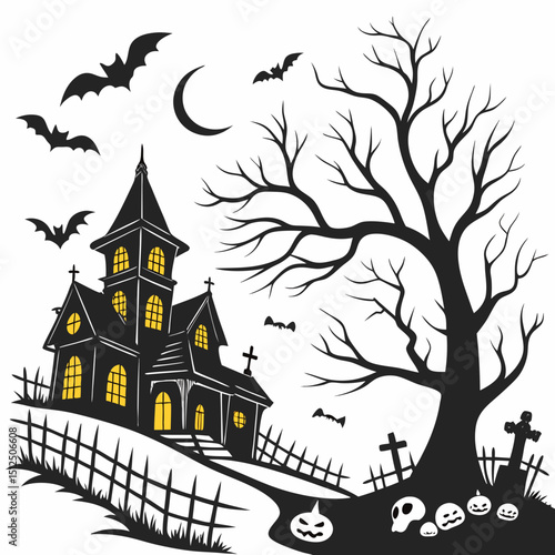 halloween banner of a haunted house with pumpkins and ghosts on an orange background