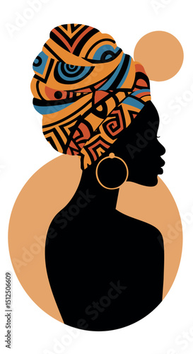 African woman silhouette with colorful patterned headwrap and hoop earrings vector illustration 