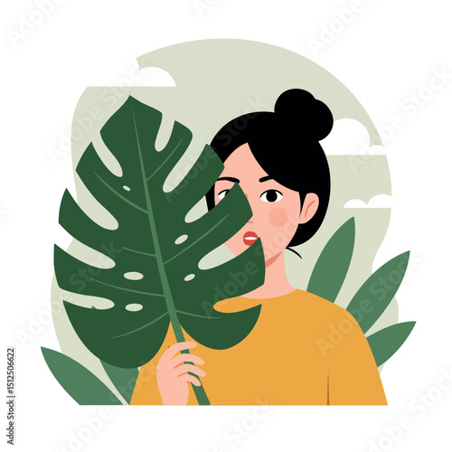 Woman holding large green monstera leaf in nature setting vector illustration 