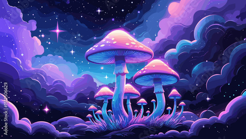 Mystical mushrooms with vibrant colors glowing in surreal landscape under starry sky