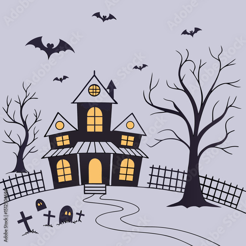 halloween banner of a haunted house with pumpkins and ghosts on an orange background