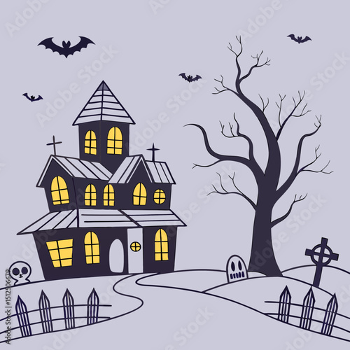 halloween banner of a haunted house with pumpkins and ghosts on an orange background