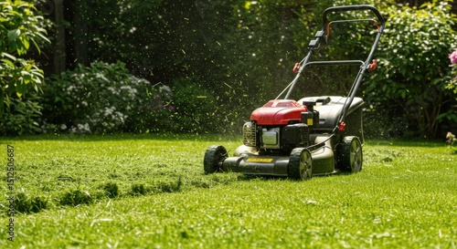 A red lawnmower cutting lush green grass on a sunny day, creating a clean backyard space.