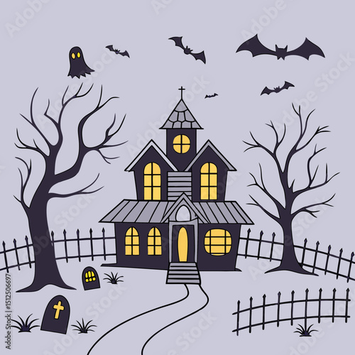 halloween banner of a haunted house with pumpkins and ghosts on an orange background