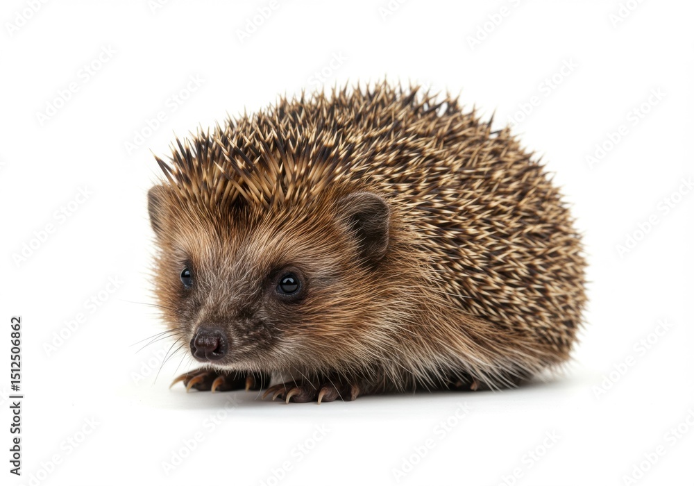 Fototapeta premium An adorable European hedgehog sits isolated against a stark white backdrop, beautifully captured.