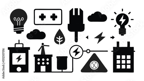  flat black minimal energy icons covering every