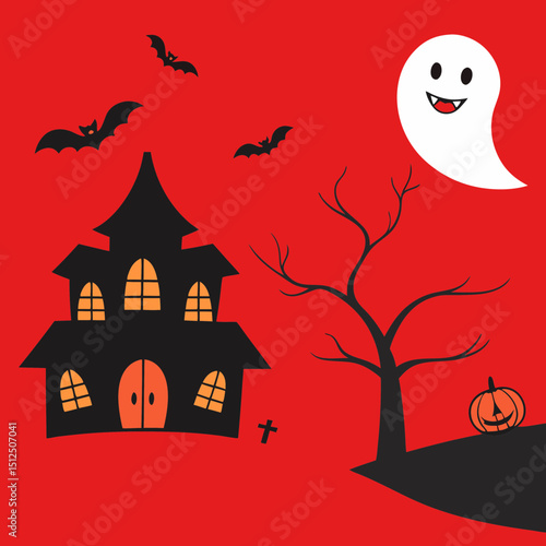 halloween banner of a haunted house with pumpkins and ghosts on an orange background