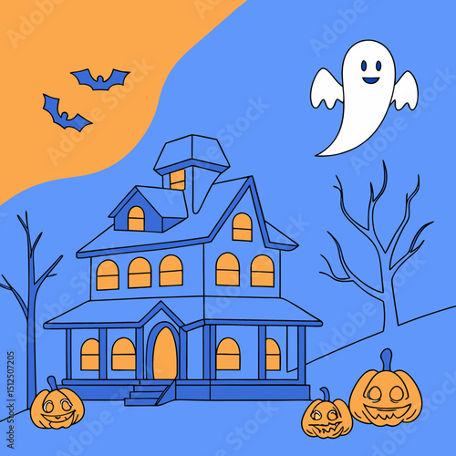 halloween banner of a haunted house with pumpkins and ghosts on an orange background