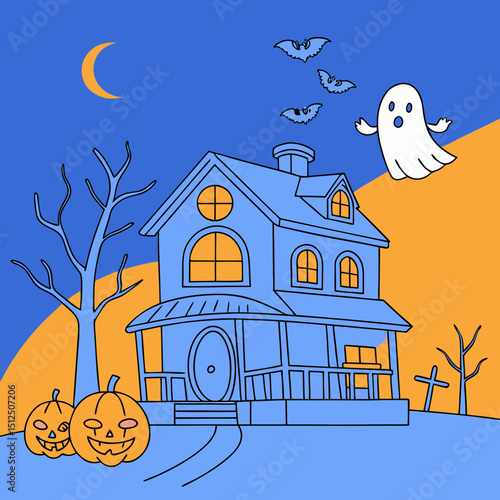 halloween banner of a haunted house with pumpkins and ghosts on an orange background