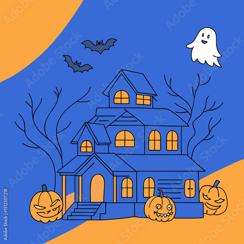 halloween banner of a haunted house with pumpkins and ghosts on an orange background