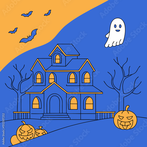 halloween banner of a haunted house with pumpkins and ghosts on an orange background