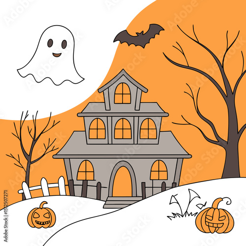 halloween banner of a haunted house with pumpkins and ghosts on an orange background