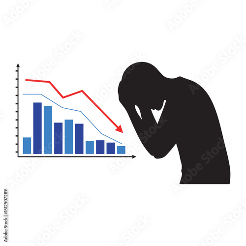 Stressed person silhouette with downward graph representing financial loss or economic recession