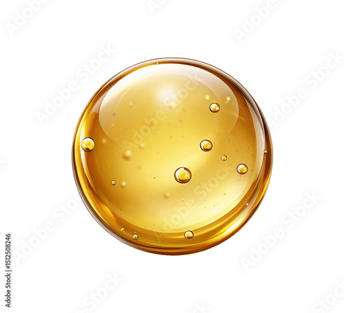 Golden liquid orb with small bubbles floating inside against a black background in a close up view