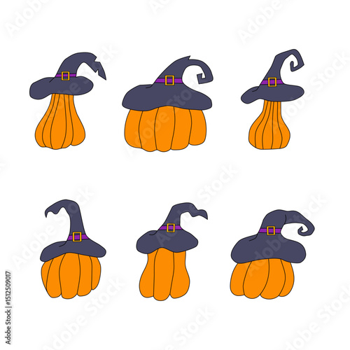 colorful set of pumpkins in hat for halloween on white background.
