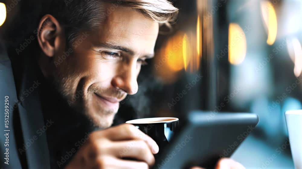 Young businessman is enjoying a cup of coffee and reading his tablet in a modern cafe, his expression changing from serious to a wide smile Young businessman is enjoying a cup of coffee and reading his tablet in a modern cafe, his expression changing from serious to a wide smile