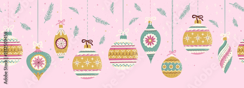 Lovely drawn Christmas ornaments seamless pattern, vintage baubles and cute decoration, great for wrapping, textiles, banners, wallpapers - vector design