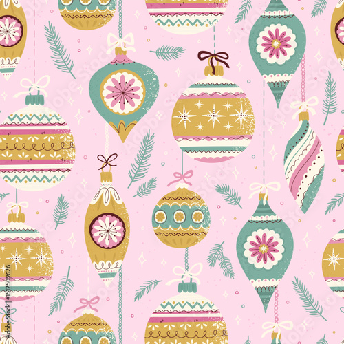 Lovely drawn Christmas ornaments seamless pattern, vintage baubles and cute decoration, great for wrapping, textiles, banners, wallpapers - vector design