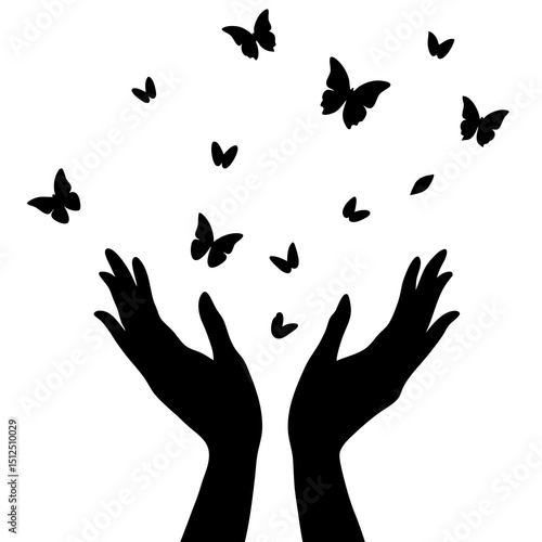 Hands in silhouette catching falling petals, leaves, or butterflies, poetic and dreamy