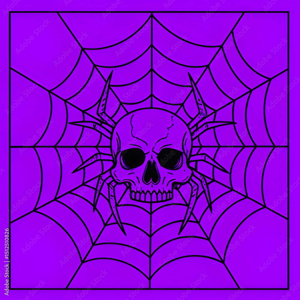 Fototapeta premium black and purple skull spider in web line art isolated halloween horror tattoo 