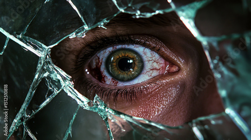 Close up of an eye looking through shattered glass with visible blood vessels and green iris