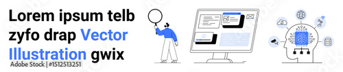 User analyzing interface on computer monitor, AI head with neural connections, and abstract communication icons. Ideal for technology, innovation, AI, data analysis, networking, future simple