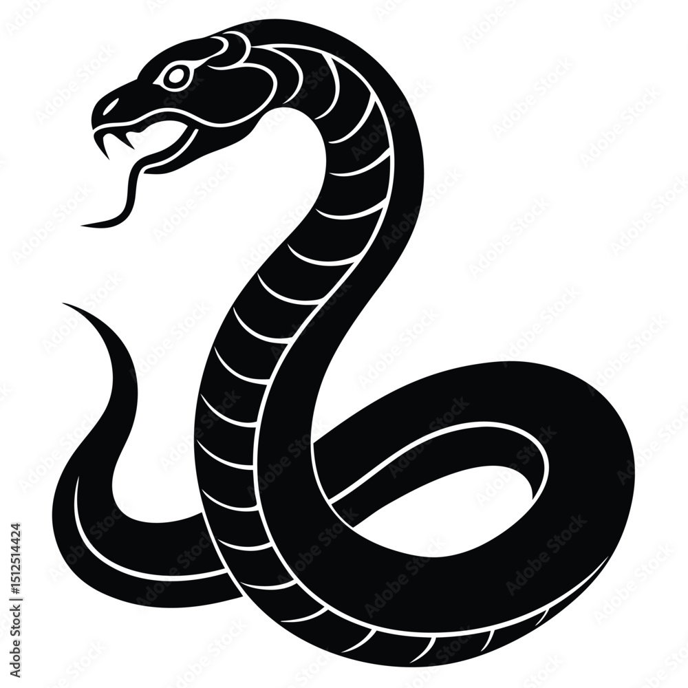 Fototapeta premium Cobra snake silhouette vector art illustration black, snake graphic icon snake black silhouette isolate vector, Coiled snake silhouette vector illustration of a cartoon of a snake vector illustration.