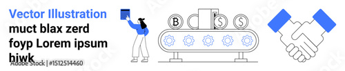 Woman holding document near conveyor belt with business icons, handshake graphic symbolizing teamwork, automation, innovation. Ideal for business, teamwork, partnership, process, strategy