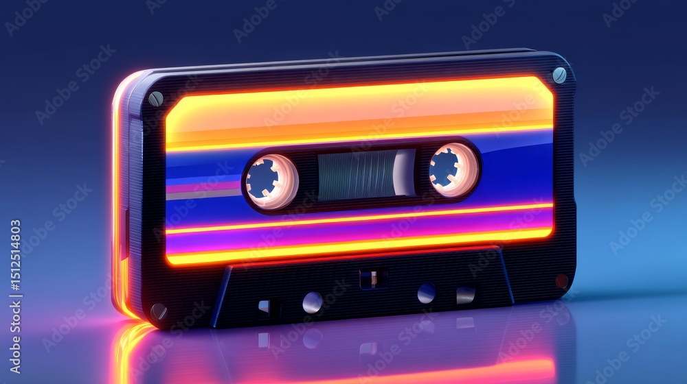 Fototapeta premium Glowing Cassette Tape Illuminated by Vibrant 80s Neon Colors Against a Blue Background