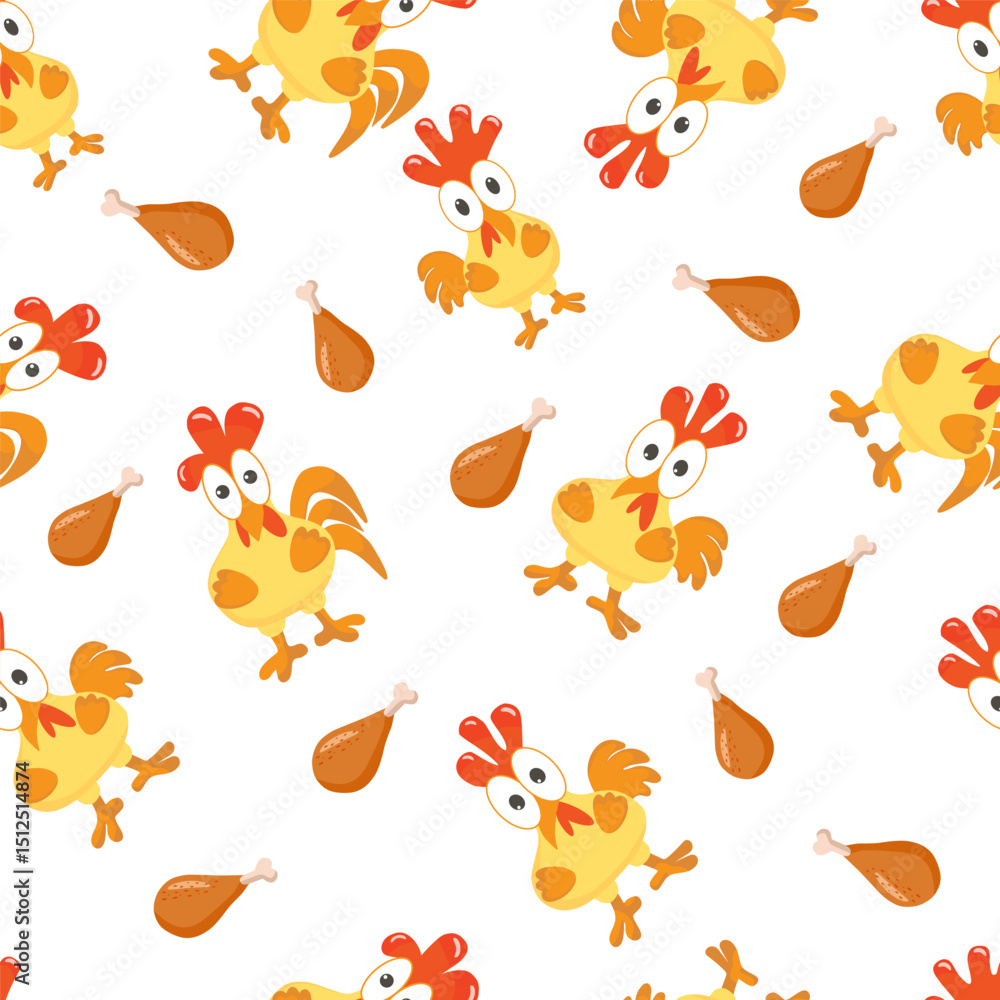 Fototapeta premium colorful chicken and fried legs on a white background, seamless pattern.