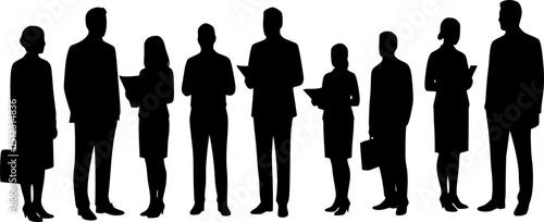 Silhouettes of men, women and teenagers, group standing business people, vector, profile, linear sketch, hand draw, black and white color isolated on white background