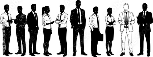 Silhouettes of men, women and teenagers, group standing business people, vector, profile, linear sketch, hand draw, black and white color isolated on white background