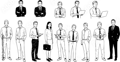 Silhouettes of men, women and teenagers, group standing business people, vector, profile, linear sketch, hand draw, black and white color isolated on white background