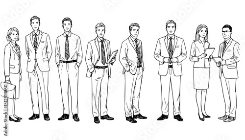 Silhouettes of men, women and teenagers, group standing business people, vector, profile, linear sketch, hand draw, black and white color isolated on white background