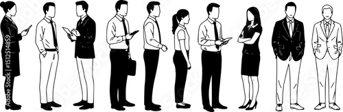 Silhouettes of men, women and teenagers, group standing business people, vector, profile, linear sketch, hand draw, black and white color isolated on white background