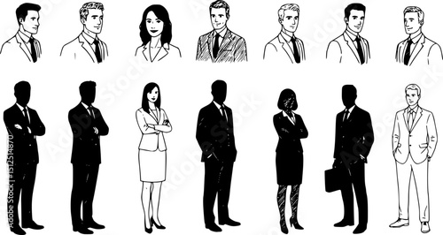 Silhouettes of men, women and teenagers, group standing business people, vector, profile, linear sketch, hand draw, black and white color isolated on white background