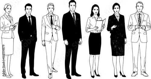Silhouettes of men, women and teenagers, group standing business people, vector, profile, linear sketch, hand draw, black and white color isolated on white background
