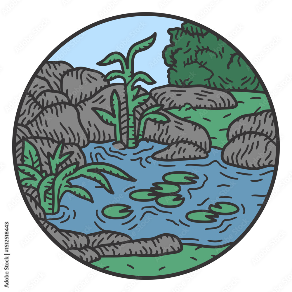 Fototapeta premium Rocks and pond color stroke landscape