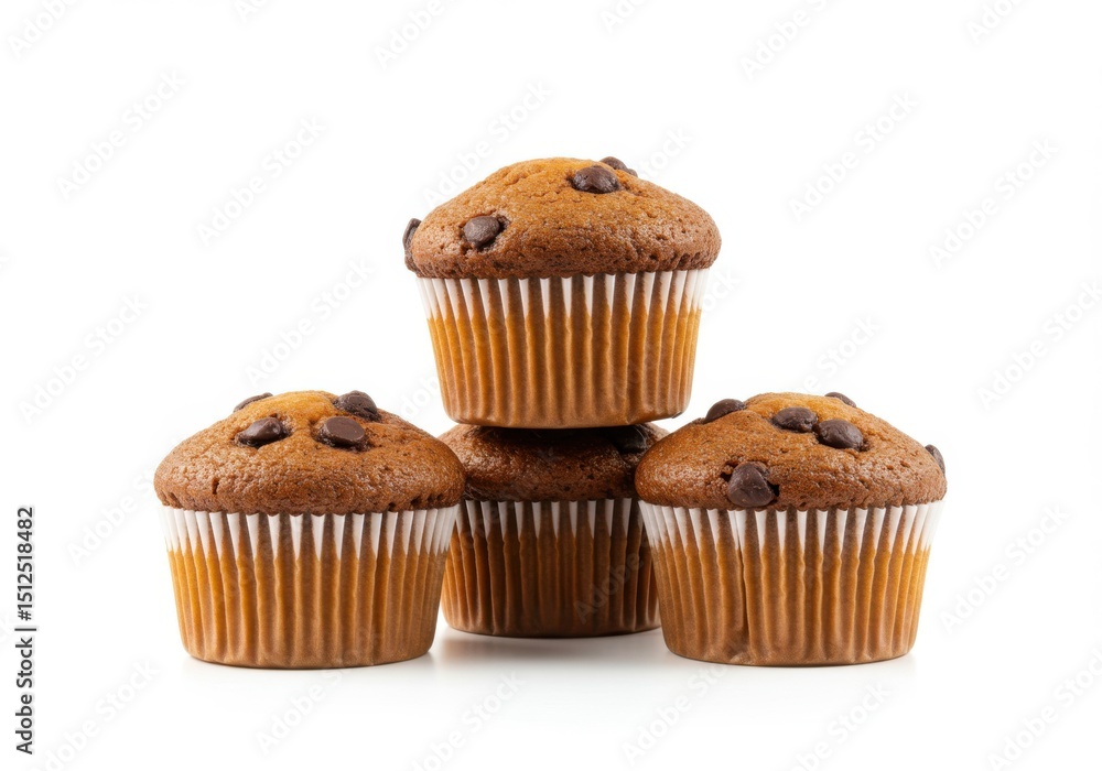 Four chocolate chip muffins stacked isolated on white background Four chocolate chip muffins stacked isolated on white background