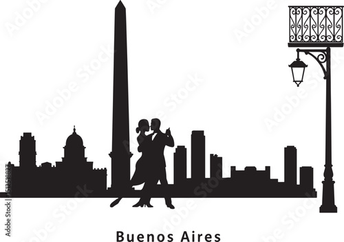 Buenos Aires Argentina Silhouette Skyline with Obelisk, Dancers, and Streetlight Vector