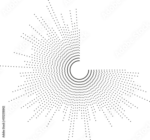 Circular texture of very long irregular dotted rays radiating outward, missing one quarter of the rays.