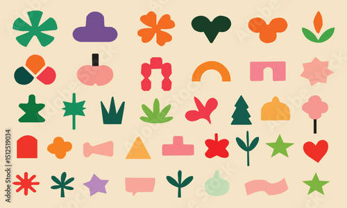 Vector illustration. Set of contemporary pastel color ornaments and geometry figures in drawn cartoon art style against yellow background. Modern icons and graphics. Minimalist