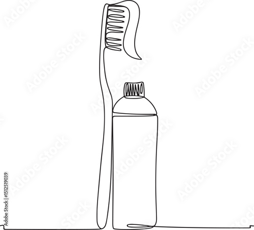 Toothbrush and toothpaste in continuous one line drawing style, minimalist black outline vector illustration on white background

