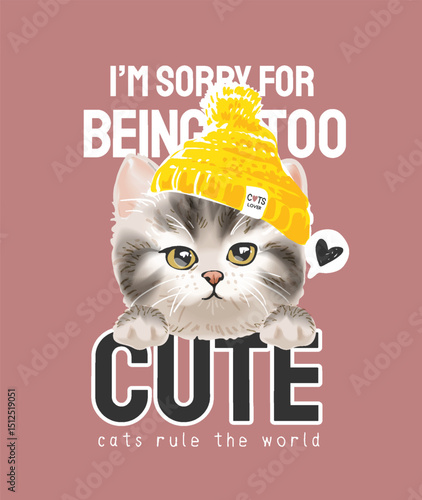 cute slogan with little cat in yellow bean hat vector illustration drawn by hand 