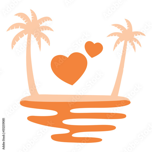 Two palm trees and hearts on an island