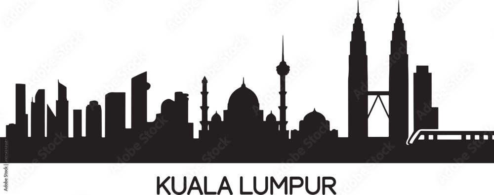 Fototapeta premium Detailed Silhouette Illustration of Kuala Lumpur Malaysia Skyline on a Solid Black Background