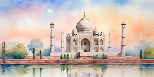 Watercolor Illustration of the Taj Mahal at Sunrise. Ideal for use in travel-themed designs, wall art, greeting cards