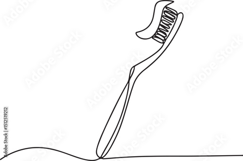 Toothbrush and toothpaste in continuous one line drawing style, minimalist black outline vector illustration on white background

