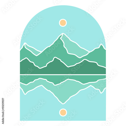 Mountain and a lake with a sun in the middle