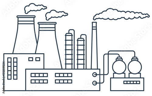 Factory building with pipes and cooling towers. Emission of chemicals, air polluted recent vector scene. Vector illustration in flat style 